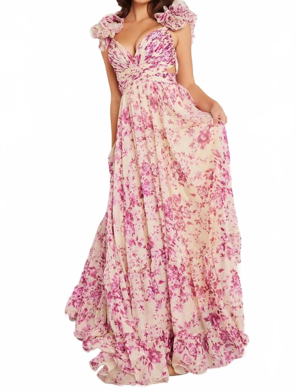NEW JOVANI print pleated bodice maxi gown in floral vanilla/purple